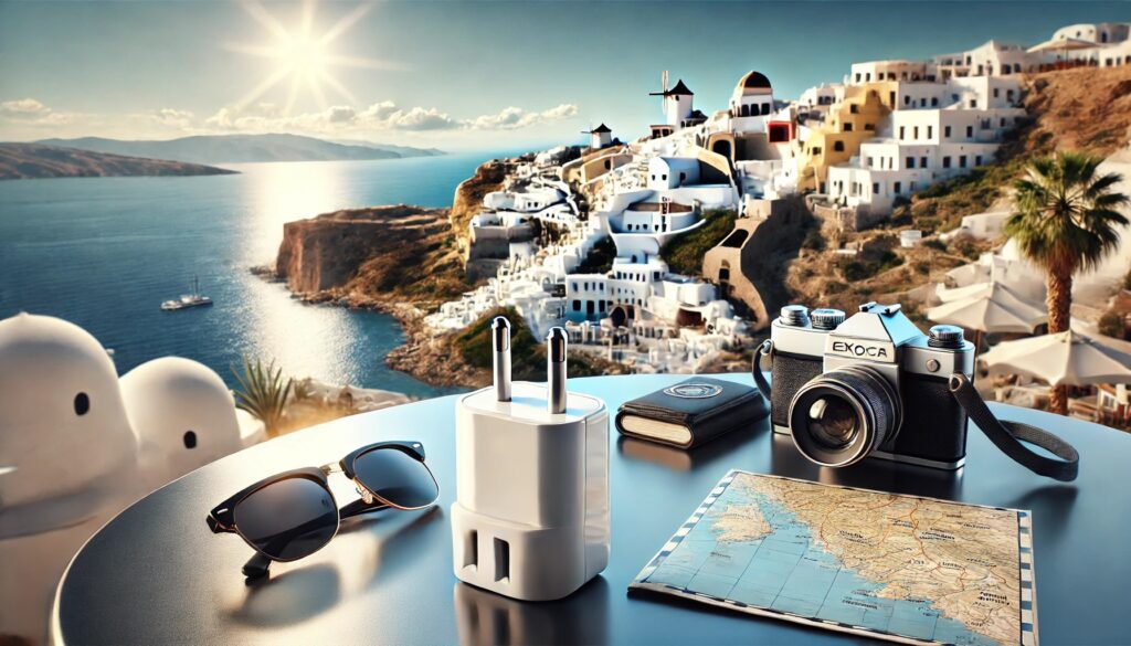 An American to Greek plug adapter placed on a sleek table next to a traveler’s essentials, including a map,