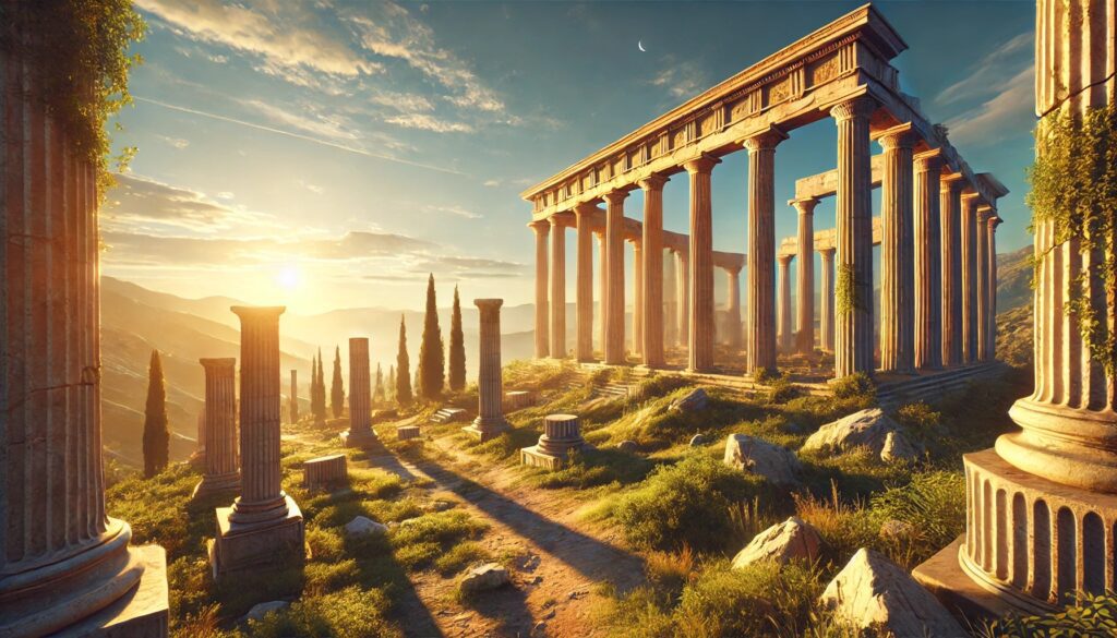 Historic Greek ancient ruins site, featuring majestic stone columns of a temple on a hilltop