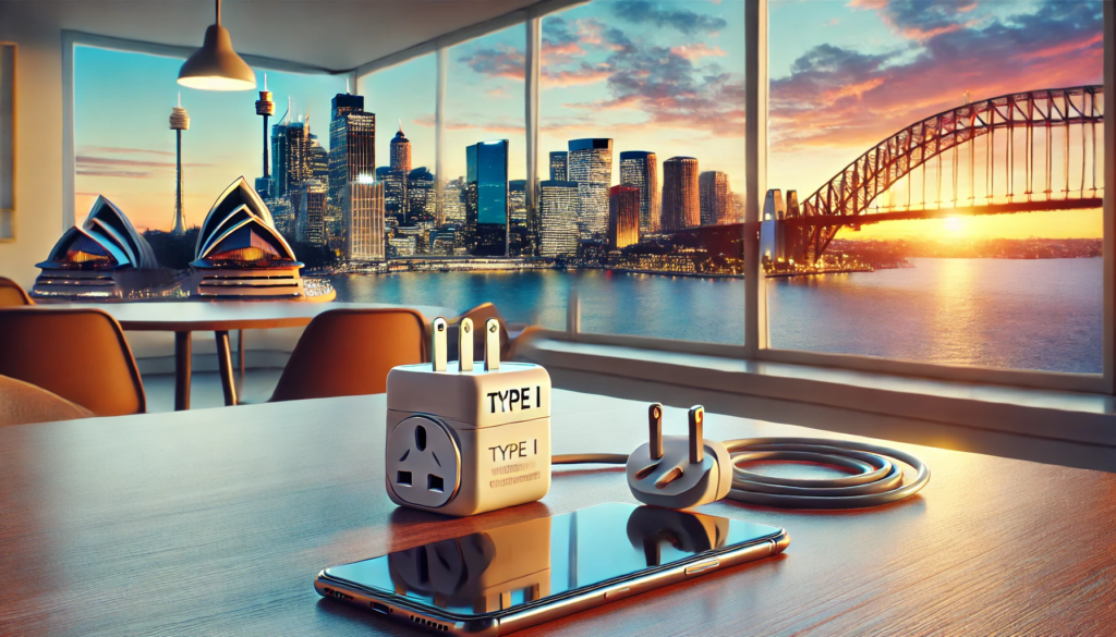 A modern Australian apartment and  Australia Power adapter overlooking the Sydney Opera House, Circular Quay, and the Sydney Harbor Bridge. 